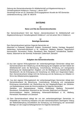 Satzung Des Gemeindeverbandes Für Abfallwirtschaft Und Abgabeneinhebung Im Verwaltungsbezirk Hollabrunn; Fassung 1