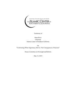 Testimony of Omar Ricci Chairman Islamic Center Of