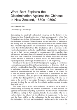 What Best Explains the Discrimination Against the Chinese in New Zealand, 1860S-1950S?