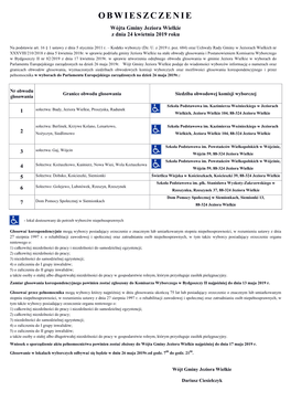 OBWIESZCZENIE Wójta Gminy Jeziora Wielkie Z Dnia 24 Kwietnia 2019 Roku