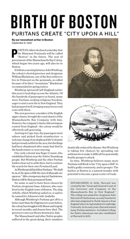 BIRTH of BOSTON PURITANS CREATE “CITY UPON a HILL” by Our Newssheet Writer in Boston September 8, 1630