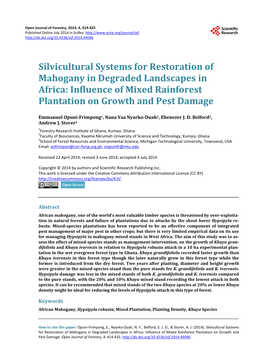 Silvicultural Systems for Restoration of Mahogany in Degraded Landscapes in Africa: Influence of Mixed Rainforest Plantation on Growth and Pest Damage