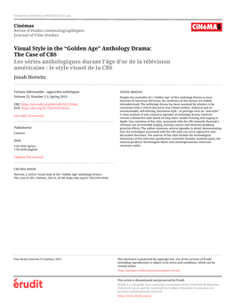 Anthology Drama: the Case of CBS Les Séries Anthologiques Durant L’Âge D’Or De La Télévision Américaine : Le Style Visuel De La CBS Jonah Horwitz