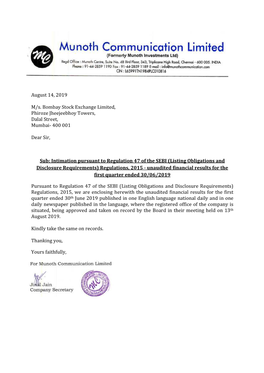 August 14, 2019 M/S. Bombay Stock Exchange Limited, Phiroze