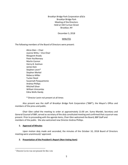 Brooklyn Bridge Park Corporation D/B/A Brooklyn Bridge Park Meeting of the Directors Held at 334 Furman Street Brooklyn, NY