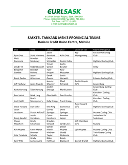 SASKTEL TANKARD MEN's PROVINCIAL TEAMS Horizon Credit Union Centre, Melville