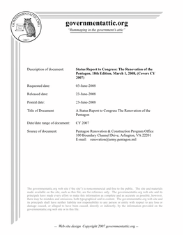 Status Report to Congress: the Renovation of the Pentagon, 18Th Edition, March 1, 2008, (Covers CY 2007)