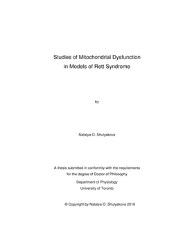 Studies of Mitochondrial Dysfunction in Models of Rett Syndrome