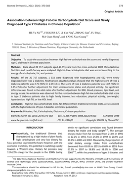 Association Between High Fat-Low Carbohydrate Diet Score and Newly Diagnosed Type 2 Diabetes in Chinese Population*