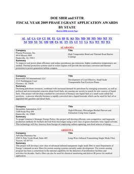 DOE SBIR and STTR FISCAL YEAR 2009 PHASE I GRANT APPLICATION AWARDS by STATE (Back to SBIR Awards Page)