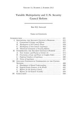 Variable Multipolarity and U.N. Security Council Reform