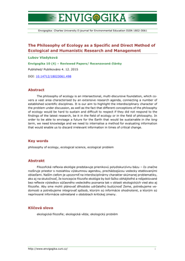 The Philosophy of Ecology As a Specific and Direct Method of Ecological and Humanistic Research and Management