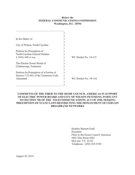 In the Matter of ) ) City of Wilson, North Carolina ) ) Petition for Preemption of ) North Carolina General Statutes ) § 160A-340 Et Seq