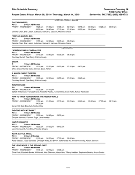 Film Schedule Summary Governors Crossing 14 1402 Hurley Drive Report Dates: Friday, March 08, 2019 - Thursday, March 14, 2019 Sevierville, TN 37862, (865) 366-1752