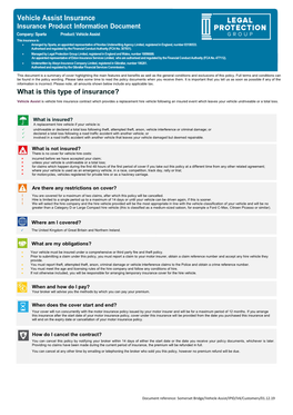 Vehicle Assist Insurance Insurance Product Information Document