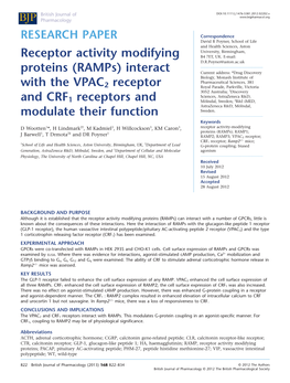 Receptor Activity Modifying Proteins (Ramps) Interact with the VPAC2 Receptor and CRF1 Receptors and Modulate Their Function