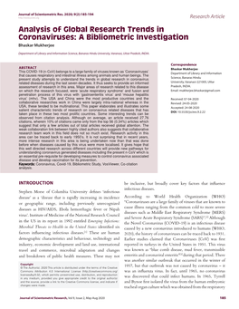 Analysis of Global Research Trends in Coronaviruses: a Bibliometric Investigation Bhaskar Mukherjee