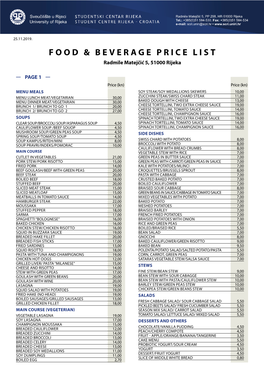 Food & Beverage Price List