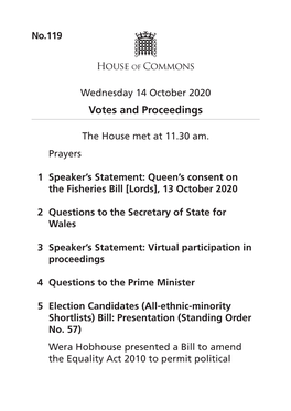 Votes and Proceedings for 14 Oct 2020