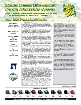 Lions Gameday Notes Game 7: Missouri Southern State University Lions (0-6, 0-6 MIAA) at Washburn University Ichabods (3-3, 3-3 MIAA)