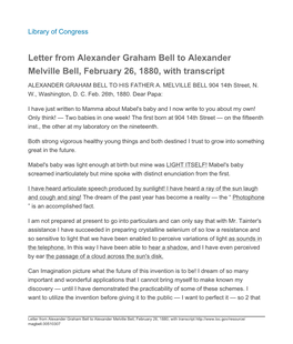 Letter from Alexander Graham Bell to Alexander Melville Bell, February 26, 1880, with Transcript