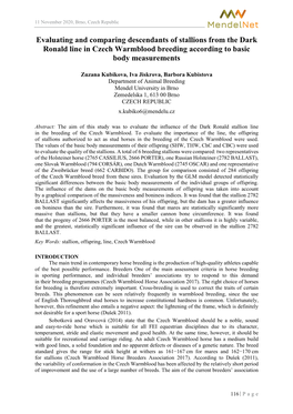 Evaluating and Comparing Descendants of Stallions from the Dark Ronald Line in Czech Warmblood Breeding According to Basic Body Measurements