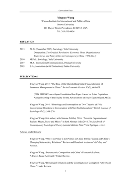 Yingyao Wang Watson Institute for International and Public Affairs Brown University 111 Thayer Street, Providence, RI 02912, USA Tel: 203-535-4936