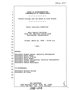 HOUSE of REPRESENTATIVES COMMONWEALTH of PENNSYLVANIA Girard College and the Board of City Trusts House Judiciary Committee Main
