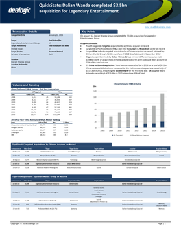 Quickstats: Dalian Wanda Completed $3.5Bn Acquisition for Legendary Entertainment