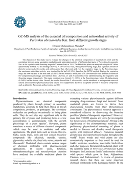 GC-MS Analysis of the Essential Oil Composition and Antioxidant Activity of Perovskia Abrotanoides Kar