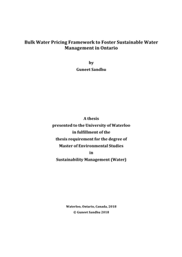 Bulk Water Pricing Framework to Foster Sustainable Water Management in Ontario
