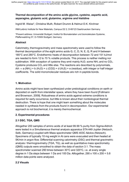 Thermal Decomposition of the Amino Acids Glycine, Cysteine, Aspartic Acid, Asparagine, Glutamic Acid, Glutamine, Arginine and Histidine