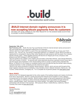 BUILD Internet Domain Registry Announces It Is Now Accepting
