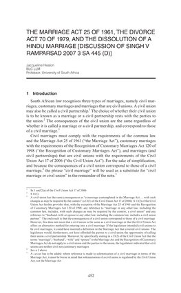 The Marriage Act 25 of 1961, the Divorce Act 70 of 1979, and the Dissolution of a Hindu Marriage [Discussion of Singh V Ramparsad 2007 3 SA 445 (D)]