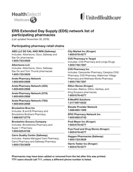 ERS Extended Day Supply (EDS) Network List of Participating Pharmacies (List Updated November 30, 2018)