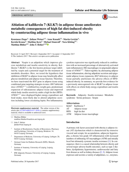 Ablation of Kallikrein 7 (KLK7) in Adipose Tissue Ameliorates