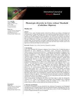 Phenotypic Diversity in Culex Vishnui Theobald (Culicidae: Diptera)