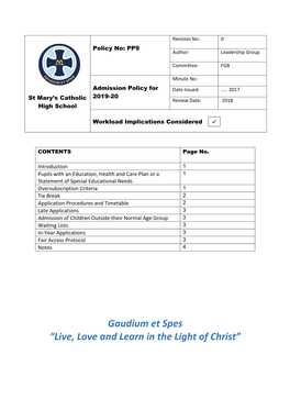 Gaudium Et Spes “Live, Love and Learn in the Light of Christ”