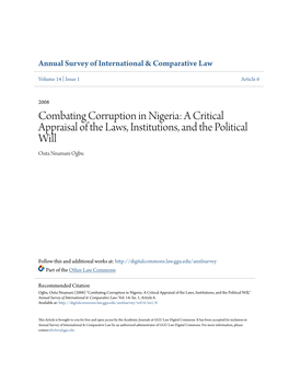 Combating Corruption in Nigeria: a Critical Appraisal of the Laws, Institutions, and the Political Will Osita Nnamani Ogbu