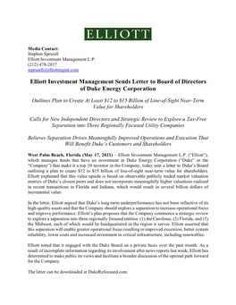 Elliott Investment Management Sends Letter to Board of Directors of Duke Energy Corporation