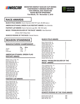 CONTINGENCY AWARDS REPORT 15TH ANNUAL AAA TEXAS 500 TEXAS MOTOR SPEEDWAY Fort Worth, TX - November 3, 2019