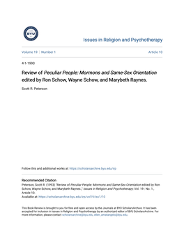 Review of Peculiar People: Mormons and Same-Sex Orientation Edited by Ron Schow, Wayne Schow, and Marybeth Raynes