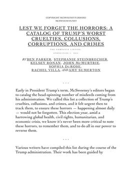 Lest We Forget the Horrors: a Catalog of Trump’S Worst Cruelties, Collusions, Corruptions, and Crimes