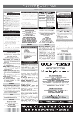 Classified Contd. on Following Pages Gulf Times 2 Thursday, December 29, 2016 CLASSIFIED ADVERTISING