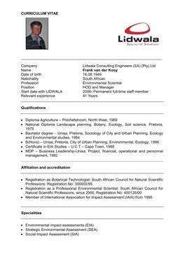 CURRICULUM VITAE Company Lidwala Consulting Engineers (SA)