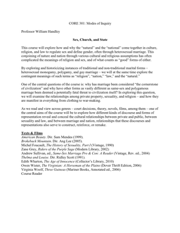 CORE 301: Modes of Inquiry Professor William Handley Sex, Church, and State This Course Will Explore How and Why