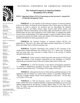 The National Congress of American Indians Resolution #TUL-05-062