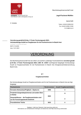 Verordnung Gemä 29 Abs. 5 Tiroler Fischereigesetz 2020