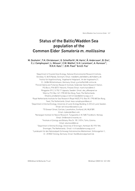 Status of the Baltic/Wadden Sea Population of the Common Eider Somateria M