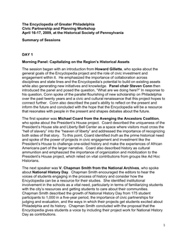 The Encyclopedia of Greater Philadelphia Civic Partnership and Planning Workshop April 16-17, 2009, at the Historical Society of Pennsylvania Summary of Sessions